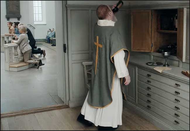 Pour l'éternité - Film de Roy Andersson - un prêtre boit de l'alcool
